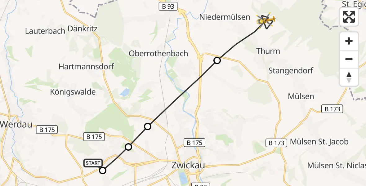 Flugroute Rettungshubschrauber ADAC Air Rescue Station Zwickau Hubschrauberlandeplatz - Mülsen, 20 März 2026, 15:41