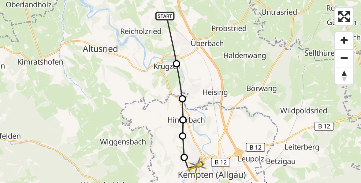 Routekaart van de vlucht: Rettungshubschrauber nach Kempten (Allgäu), Bischof-Freundorfer-Weg
