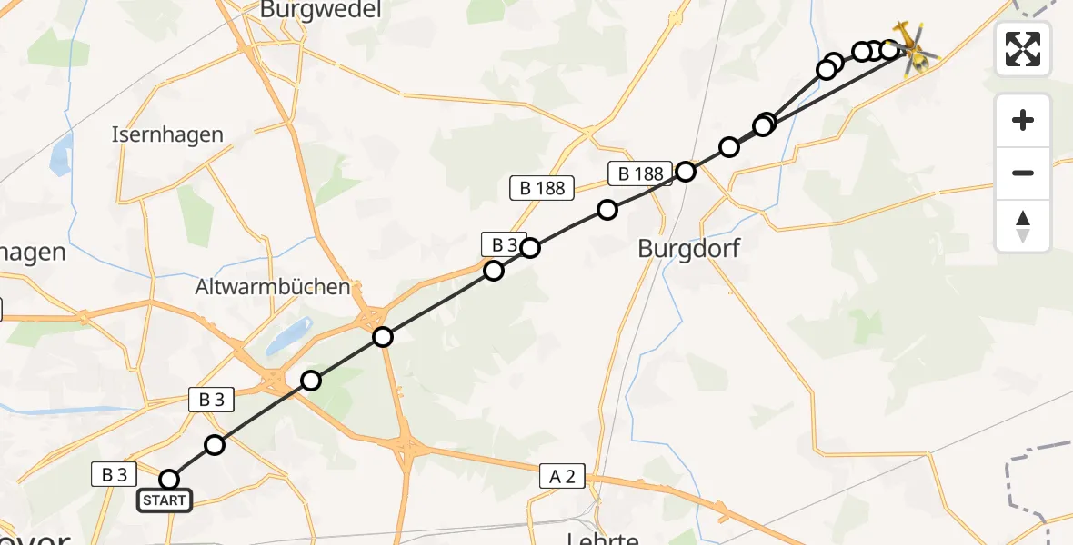 Flugroute Rettungshubschrauber Hannover Luftrettung Hubschrauberlandeplatz (Christoph 4) - Hägewiesen, 20 März 2026, 15:50