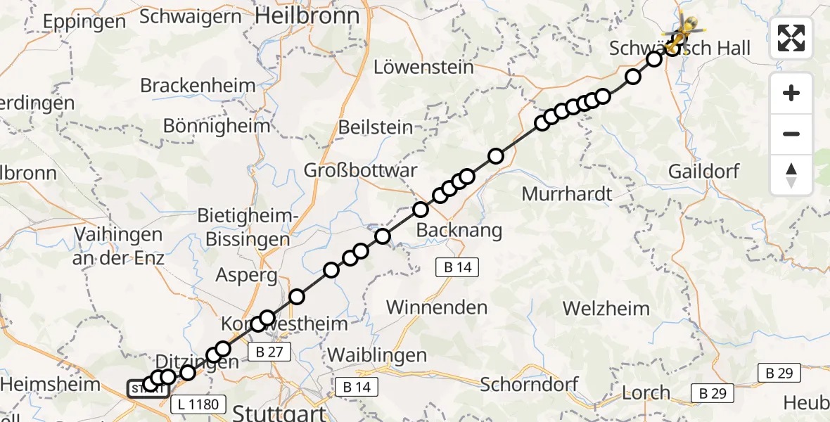 Routekaart van de vlucht: Rettungshubschrauber nach Evangelisches Diakonie Hospital Schwäbisch Hall Hubschrauberlandeplatz
