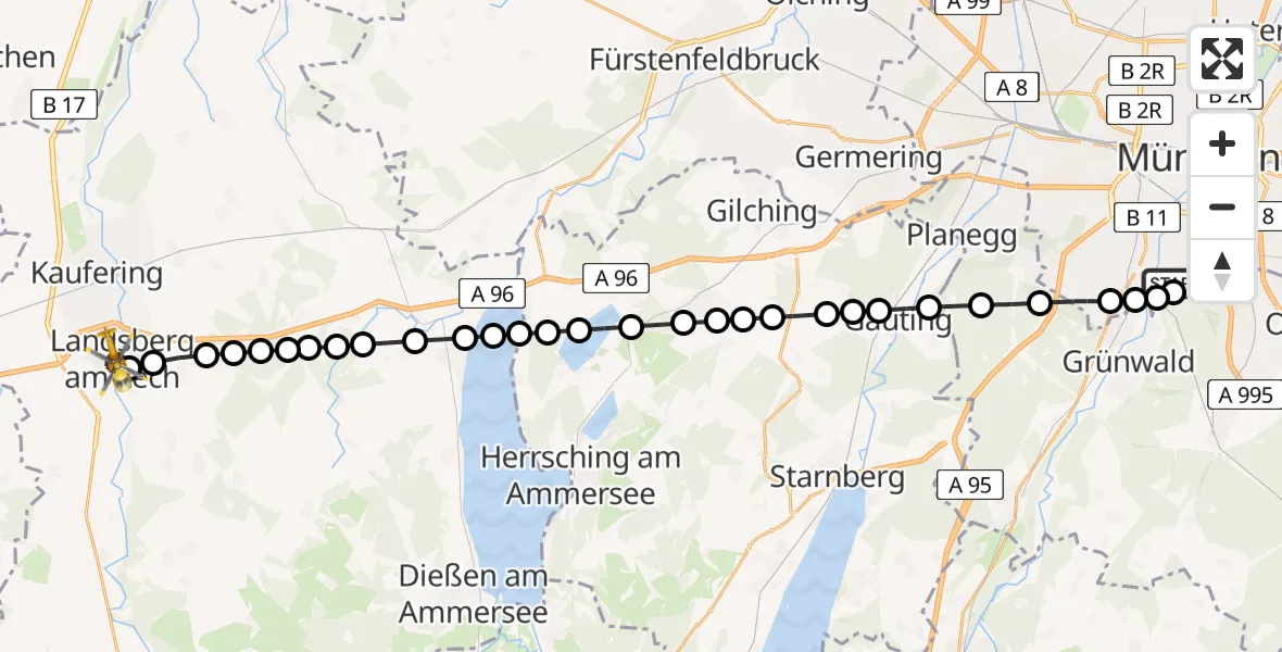 Flugroute Rettungshubschrauber ADAC Air Rescue Center Hubschrauberlandeplatz (Christoph 1) - Landsberg am Lech, 20 März 2026, 16:07