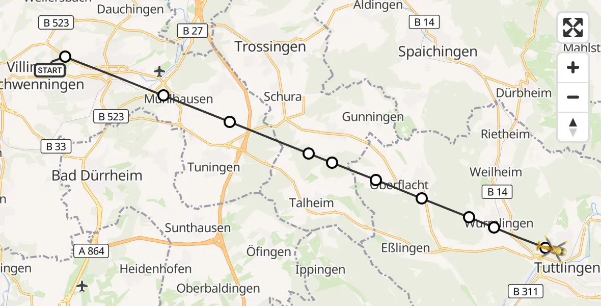 Flugroute Rettungshubschrauber DRF Air Rescue Station Villingen-Schwenningen Hubschrauberlandeplatz (Christoph 11) - Tuttlingen, 20 März 2026, 16:07
