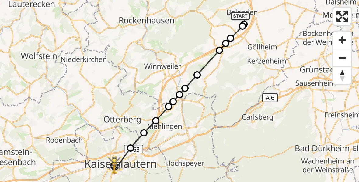Routekaart van de vlucht: Rettungshubschrauber nach Westpfalz Hospital Kaiserslautern