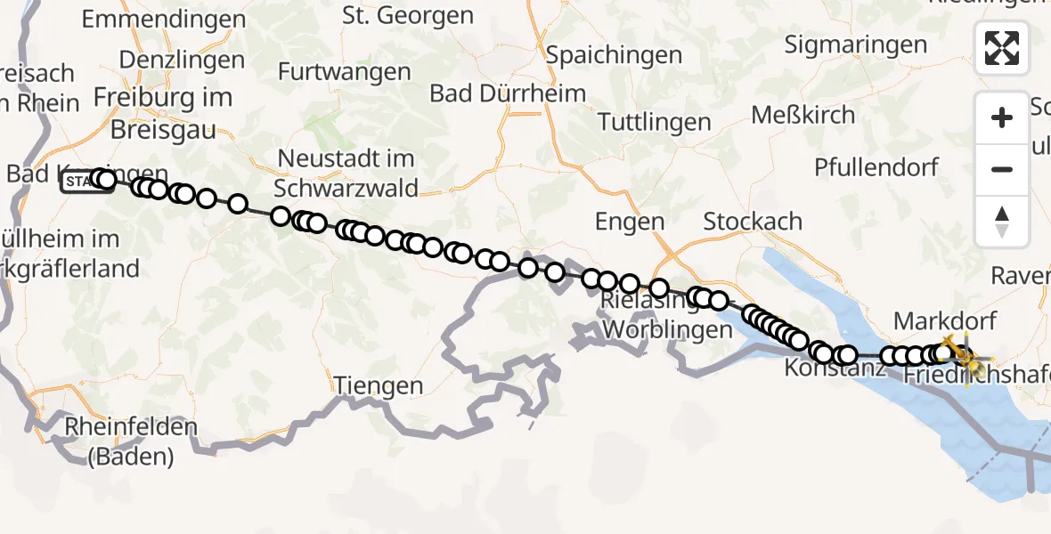 Flugroute Rettungshubschrauber Bad Krozingen (Kernstadt) - Friedrichshafen Hospital, 20 März 2026, 16:14