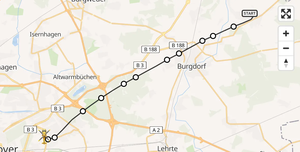 Routekaart van de vlucht: Rettungshubschrauber nach Hannover Luftrettung Hubschrauberlandeplatz (Christoph 4)