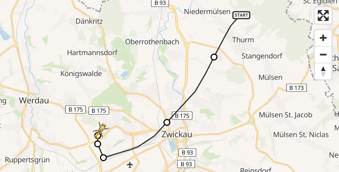 Flugroute Rettungshubschrauber Mülsen - ADAC Air Rescue Station Zwickau Hubschrauberlandeplatz, 20 März 2026, 16:25
