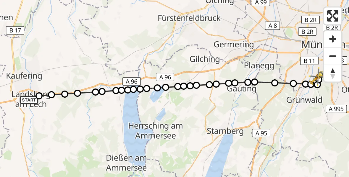 Flugroute Rettungshubschrauber Landsberg am Lech - ADAC Air Rescue Center Hubschrauberlandeplatz (Christoph 1), 20 März 2026, 16:29