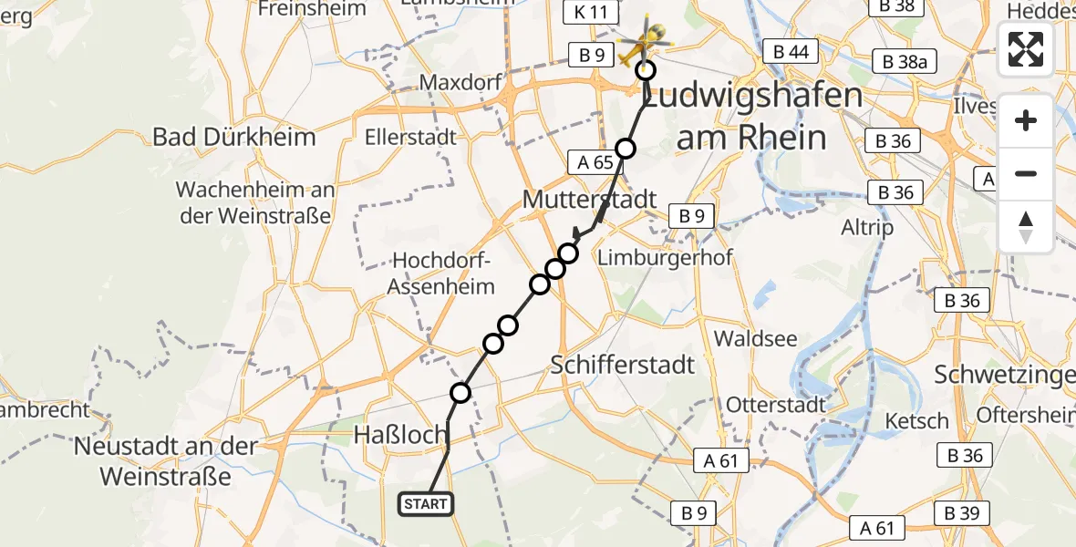 Flugroute Rettungshubschrauber Haßloch - Ludwigshafen am Rhein, 20 März 2026, 16:33