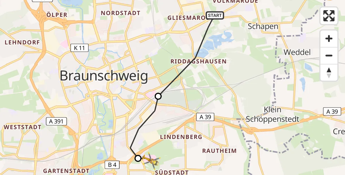 Flugroute Rettungshubschrauber Wabe-Schunter-Beberbach - Südstadt-Rautheim-Mascherode, 20 März 2026, 16:34