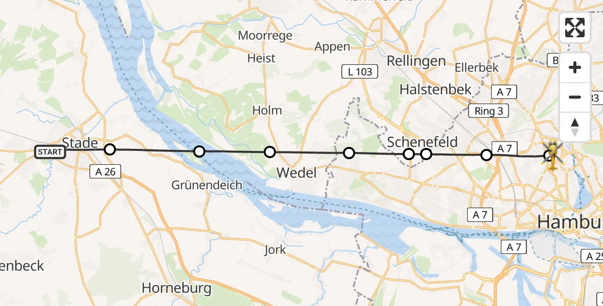 Routekaart van de vlucht: Ambulanzhubschrauber nach Universitätsklinikum Hamburg-Eppendorf Hubschrauberlandeplatz
