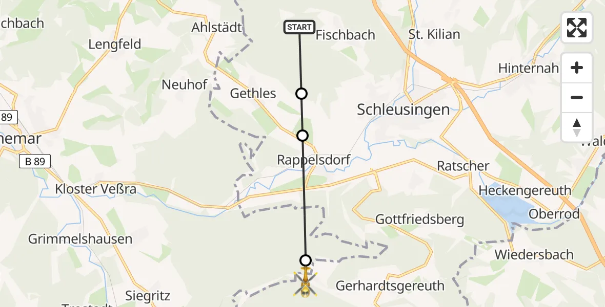 Flugroute Rettungshubschrauber Fischbach - Gerhardtsgereuth, 20 März 2026, 16:39