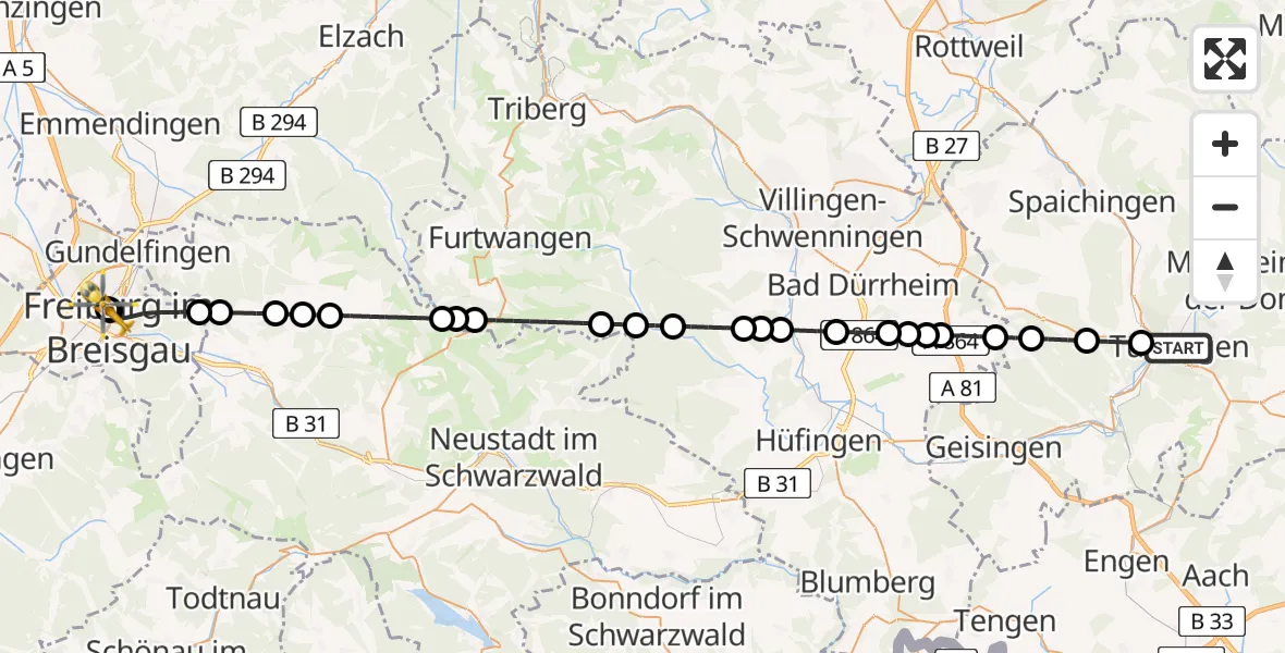 Flugroute Rettungshubschrauber Tuttlingen - Freiburg University Hospital Heliport 1, 20 März 2026, 16:40
