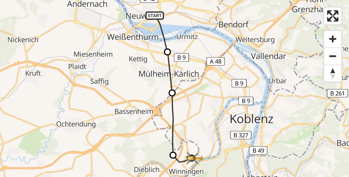 Flugroute Ambulanzhubschrauber Neuwied - Koblenz-Winningen Flugplatz, 20 März 2026, 16:41