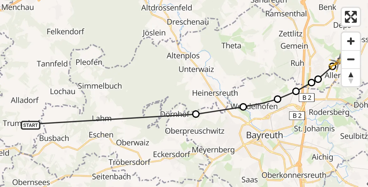Flugroute Rettungshubschrauber Trumsdorf - Bayreuth Flughafen, 20 März 2026, 16:53