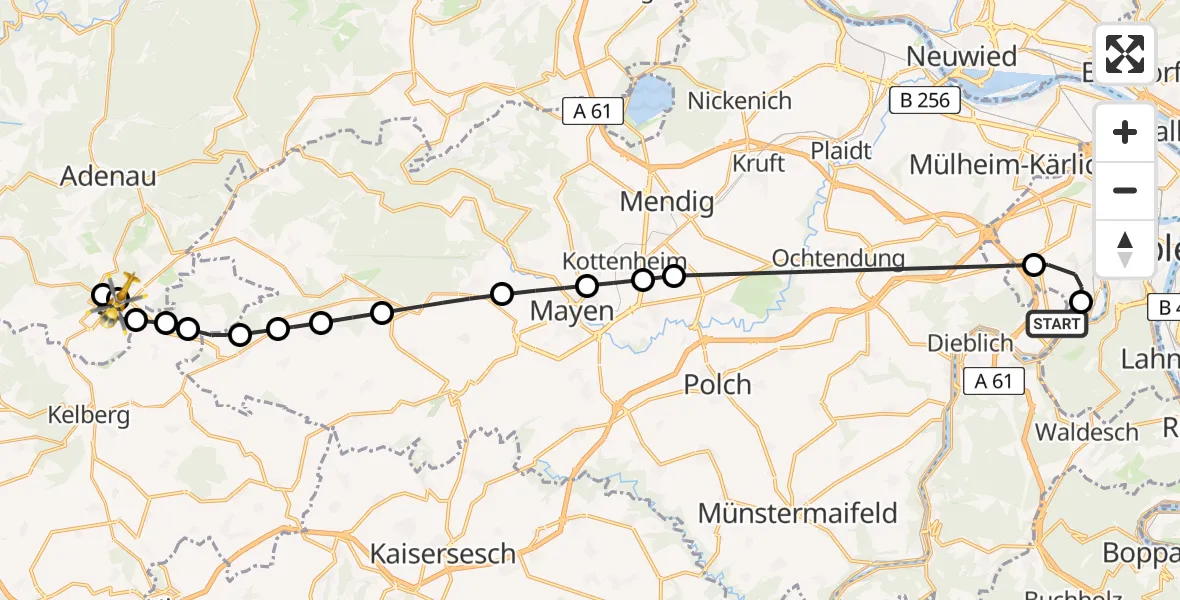 Flugroute Ambulanzhubschrauber Koblenz-Winningen Flugplatz - Nürburgring Hubschrauberlandeplatz, 20 März 2026, 17:00