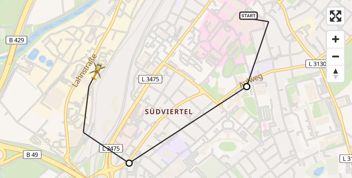 Flugroute Rettungshubschrauber Gießen University Hospital - Gießen, 20 März 2026, 17:01