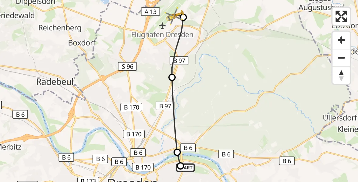 Flugroute Rettungshubschrauber Dresden University Hospital - Dresden Bundespolizei Hubschrauberlandeplatz, 20 März 2026, 17:16