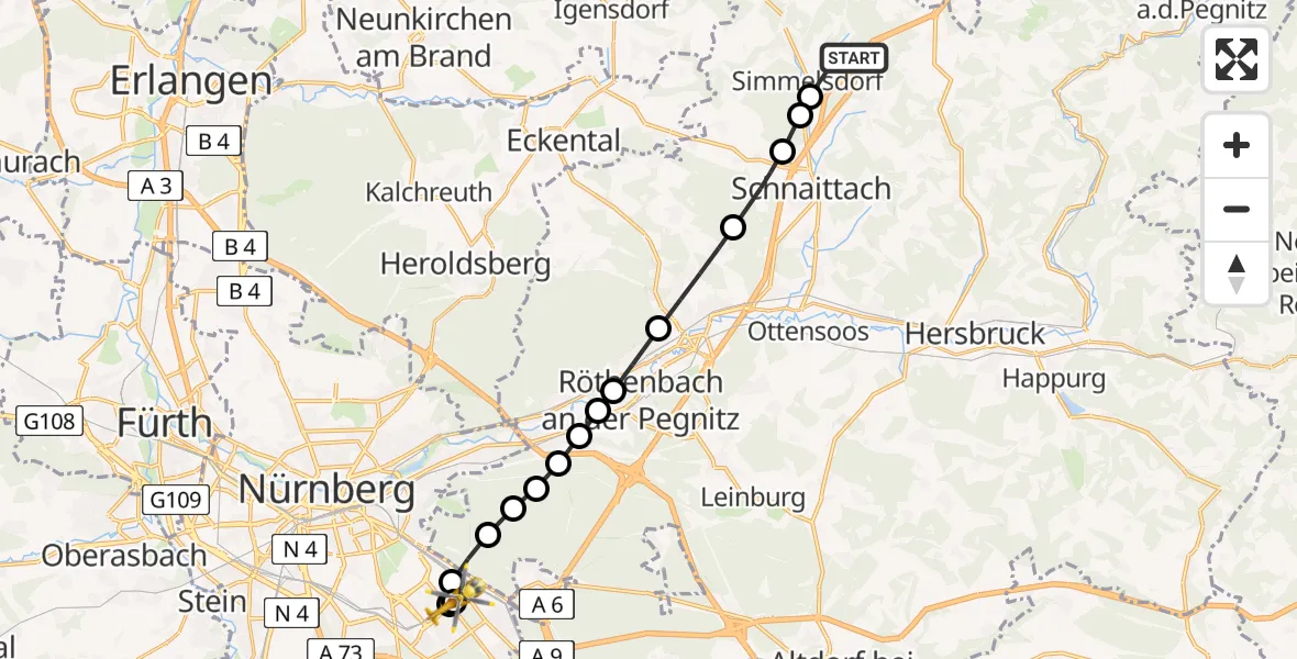 Flugroute Rettungshubschrauber Diepoltsdorf - Nürnberg South Hospital, 20 März 2026, 17:32