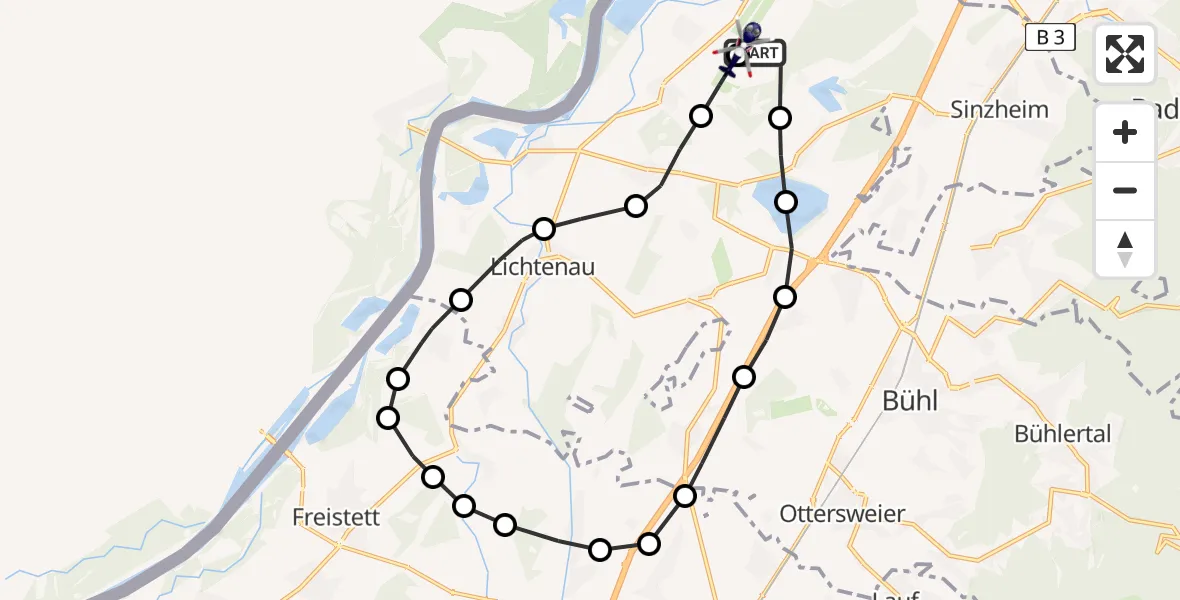 Routekaart van de vlucht: Polizeihubschrauber nach Karlsruhe Baden-Baden Flughafen