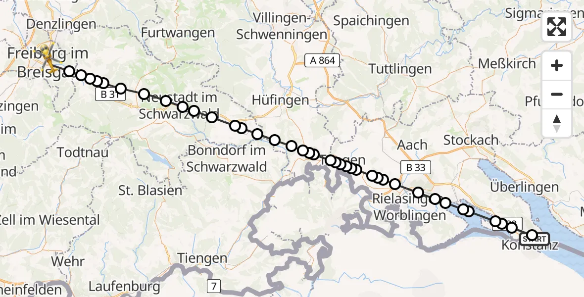 Flugroute Rettungshubschrauber Konstanz Hospital - Freiburg im Breisgau, 20 März 2026, 17:57