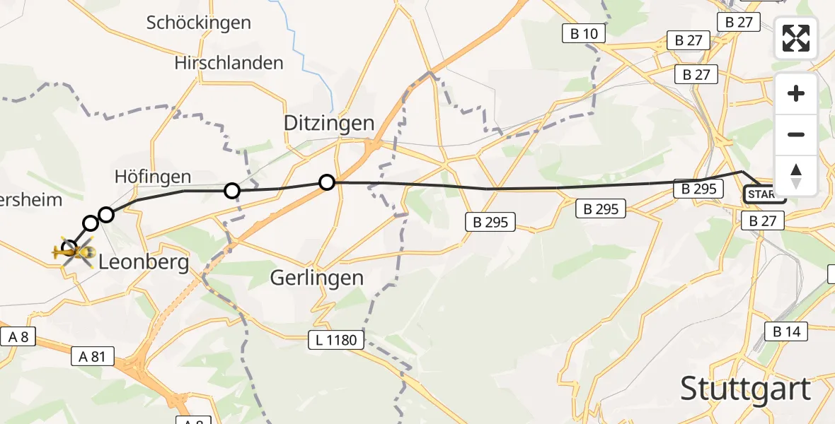 Flugroute Rettungshubschrauber Stuttgart - Leonberg Hospital, 20 März 2026, 18:06