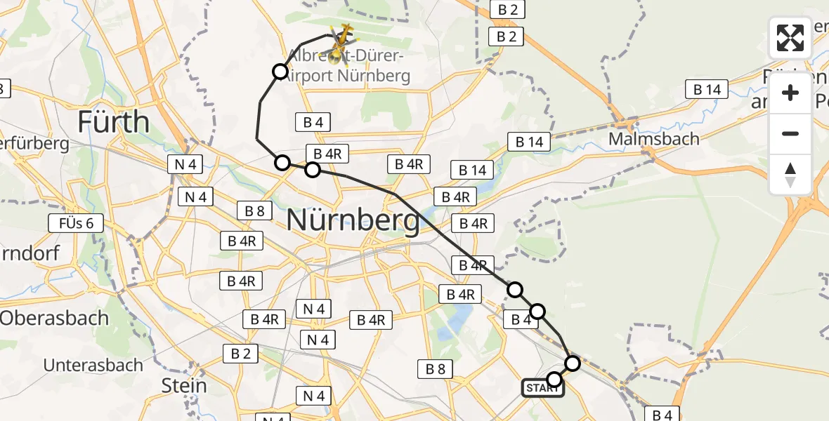 Flugroute Rettungshubschrauber Nürnberg South Hospital - Flughafen Nuremberg, 20 März 2026, 18:06