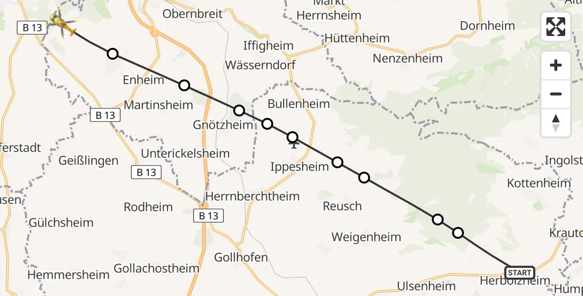 Routekaart van de vlucht: Rettungshubschrauber nach Marktbreit