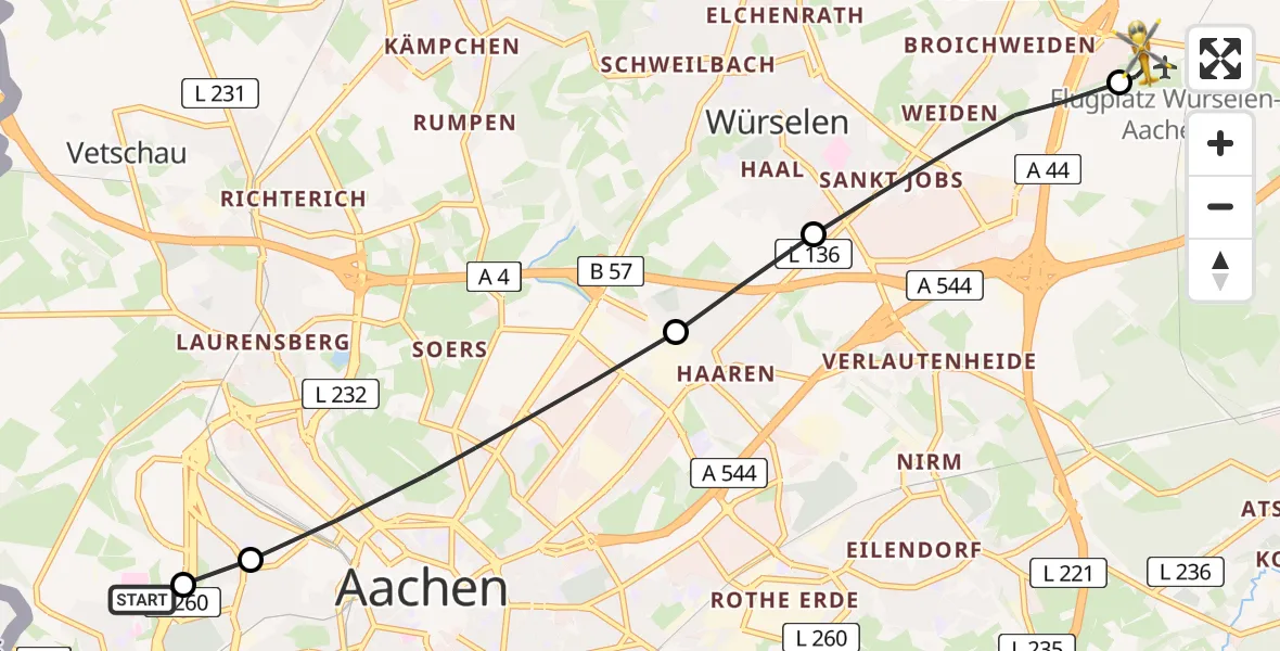 Flugroute Rettungshubschrauber Aachen Hospital - Aachen-Merzbrück Flughafen, 20 März 2026, 18:24
