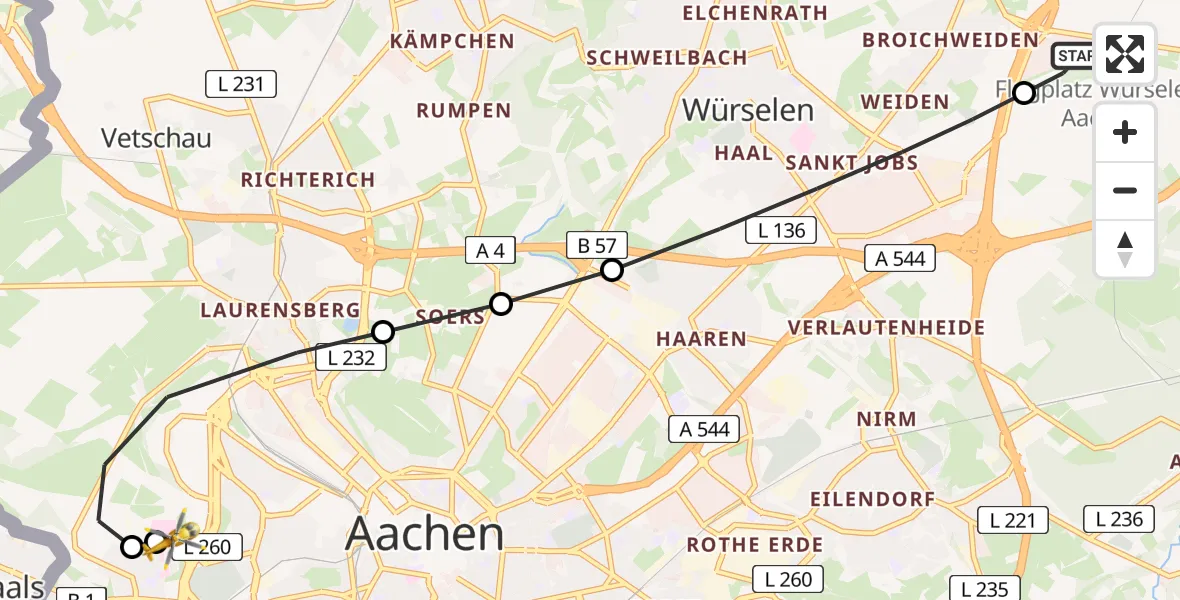 Flugroute Rettungshubschrauber Aachen-Merzbrück Flughafen - Aachen Hospital, 20 März 2026, 18:53