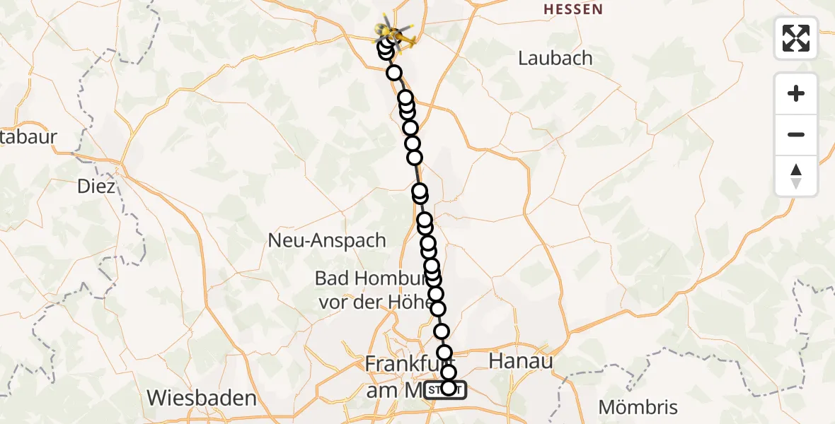 Flugroute Rettungshubschrauber Sana Hospital Offenbach - Gießen, 20 März 2026, 19:11