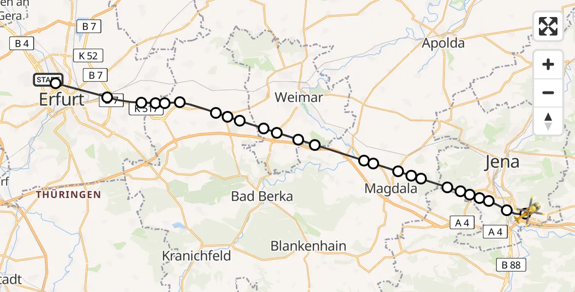Routekaart van de vlucht: Ambulanzhubschrauber nach Jena University Hospital