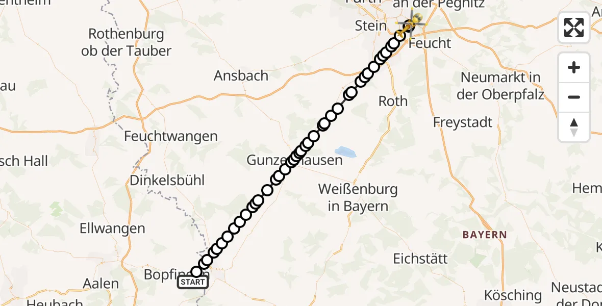 Flugroute Ambulanzhubschrauber Trochtelfingen - Nürnberg South Hospital, 20 März 2026, 19:57