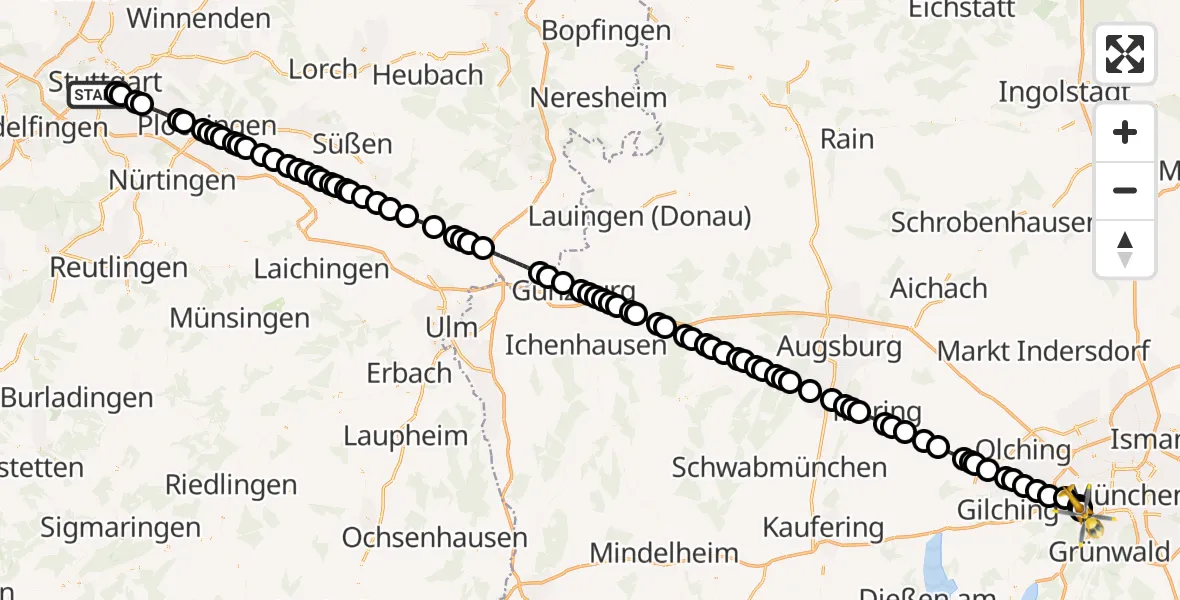 Flugroute Rettungshubschrauber Stuttgart-Süd - DRF Air Rescue München Hubschrauberlandeplatz, 20 März 2026, 20:00