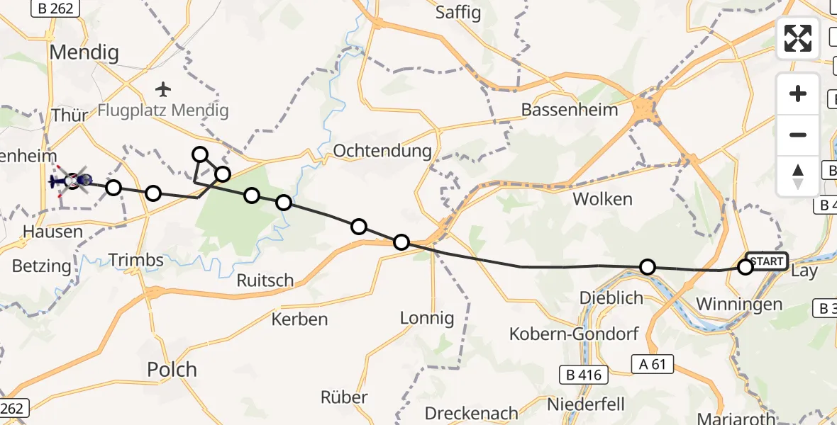 Flugroute Polizeihubschrauber Koblenz-Winningen Flugplatz - Kottenheim, 20 März 2026, 20:00