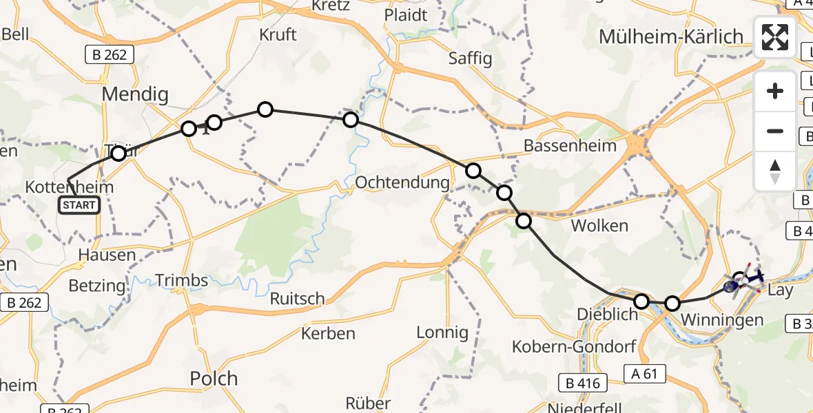 Routekaart van de vlucht: Polizeihubschrauber nach Koblenz-Winningen Flugplatz