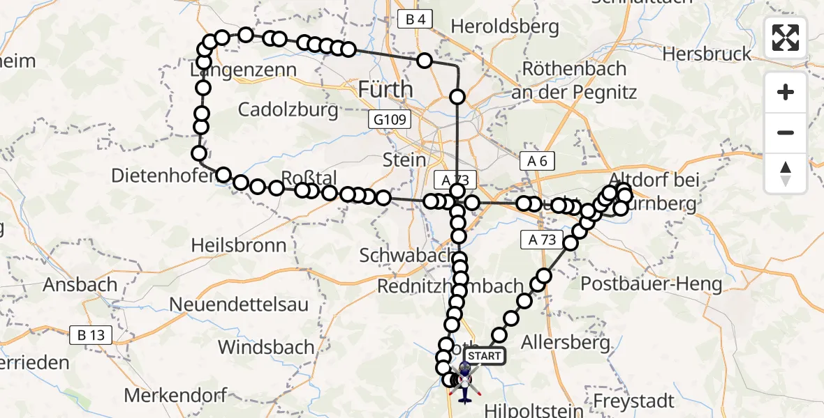 Routekaart van de vlucht: Polizeihubschrauber nach Flugplatz Roth