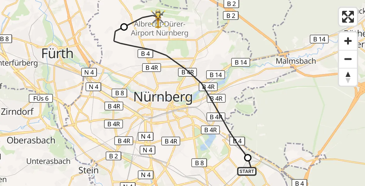 Flugroute Ambulanzhubschrauber Nürnberg South Hospital - Flughafen Nuremberg, 20 März 2026, 21:20