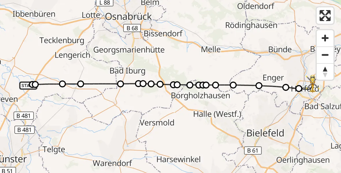 Flugroute Ambulanzhubschrauber Christoph  Westfalen-ADAC - Herford-Stadt, 20 März 2026, 21:47