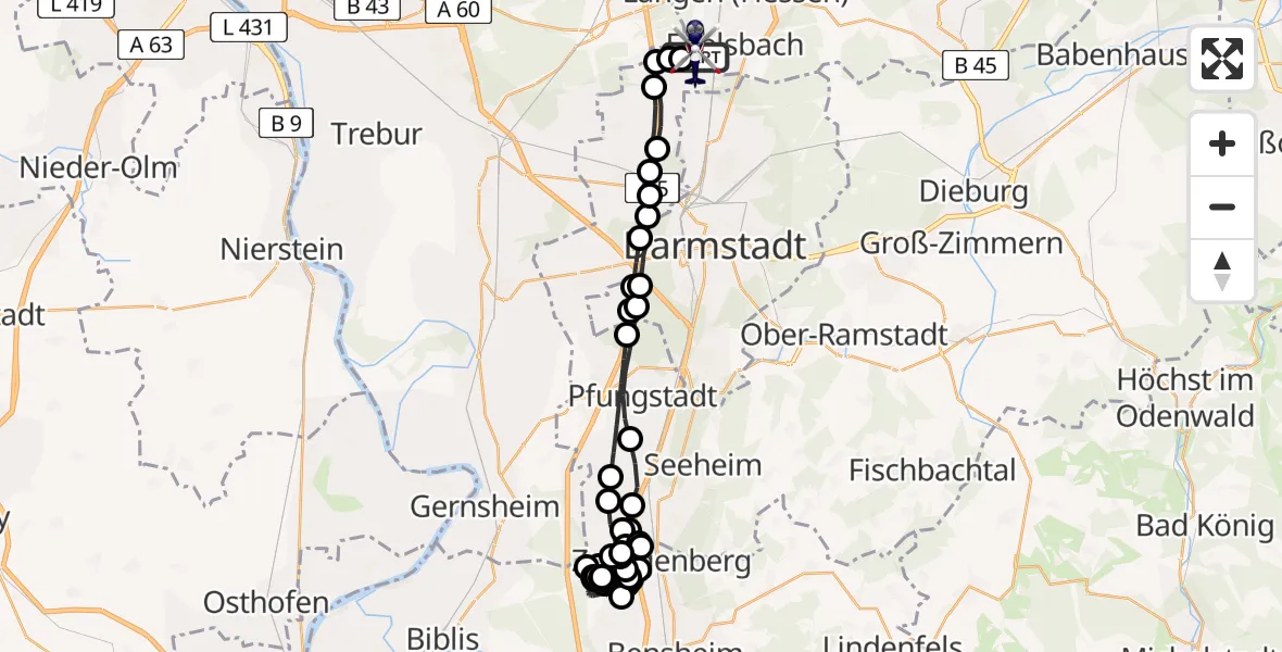 Flugroute Polizeihubschrauber Flughafen Frankfurt-Egelsbach - Flughafen Frankfurt-Egelsbach, 20 März 2026, 22:12