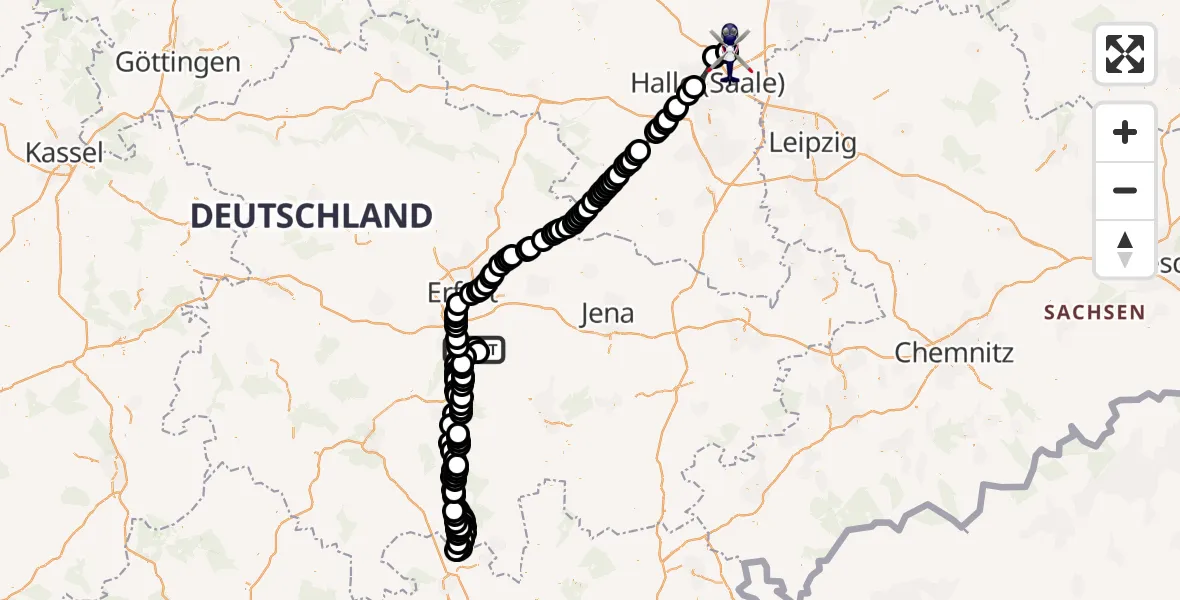 Flugroute Polizeihubschrauber Arnstadt-Alkersleben Flugplatz - Halle-Oppin Flugplatz, 20 März 2026, 22:44
