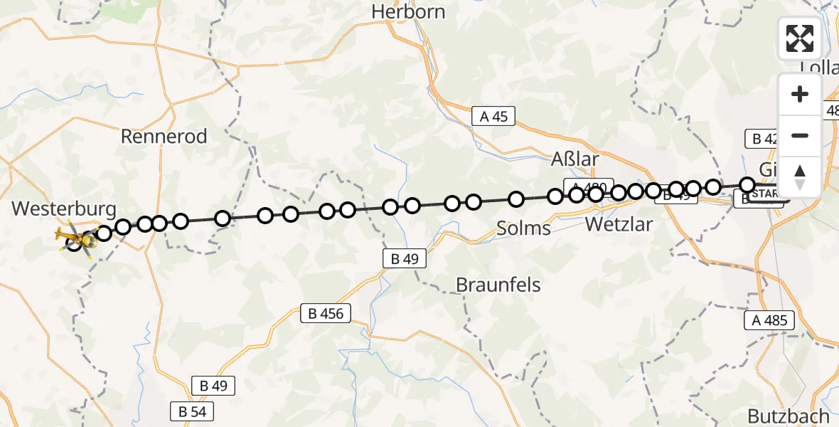 Flugroute Rettungshubschrauber Gießen - Willmenrod, 20 März 2026, 22:45