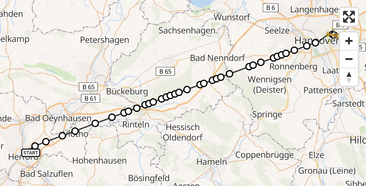 Flugroute Ambulanzhubschrauber Herford-Stadt - Hannover Luftrettung Hubschrauberlandeplatz (Christoph 4), 20 März 2026, 22:50