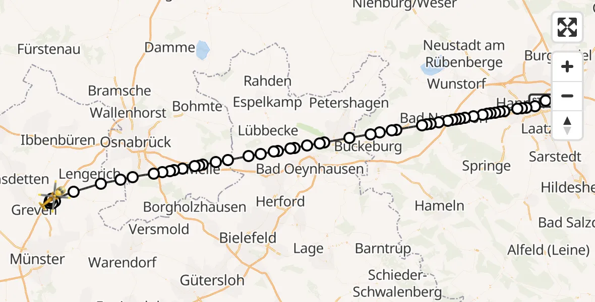 Flugroute Ambulanzhubschrauber Hannover Luftrettung Hubschrauberlandeplatz (Christoph 4) - Christoph  Westfalen-ADAC, 20 März 2026, 23:57