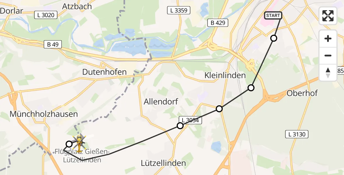 Flugroute Rettungshubschrauber Gießen University Hospital - Gießen-Lützellinden Flugplatz, 21 März 2026, 00:07