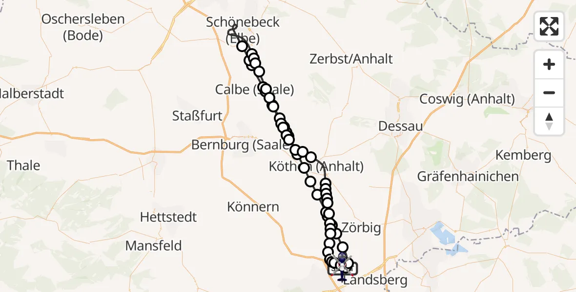 Flugroute Polizeihubschrauber Halle-Oppin Flugplatz - Halle-Oppin Flugplatz, 21 März 2026, 01:30