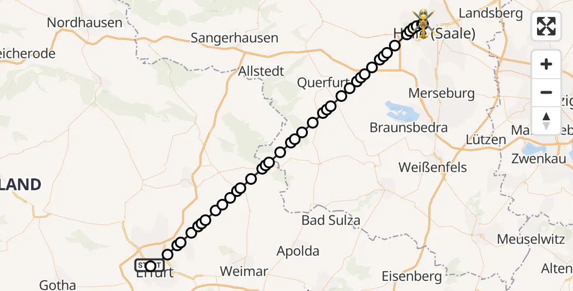 Routekaart van de vlucht: Ambulanzhubschrauber nach Halle (Saale) University Hospital