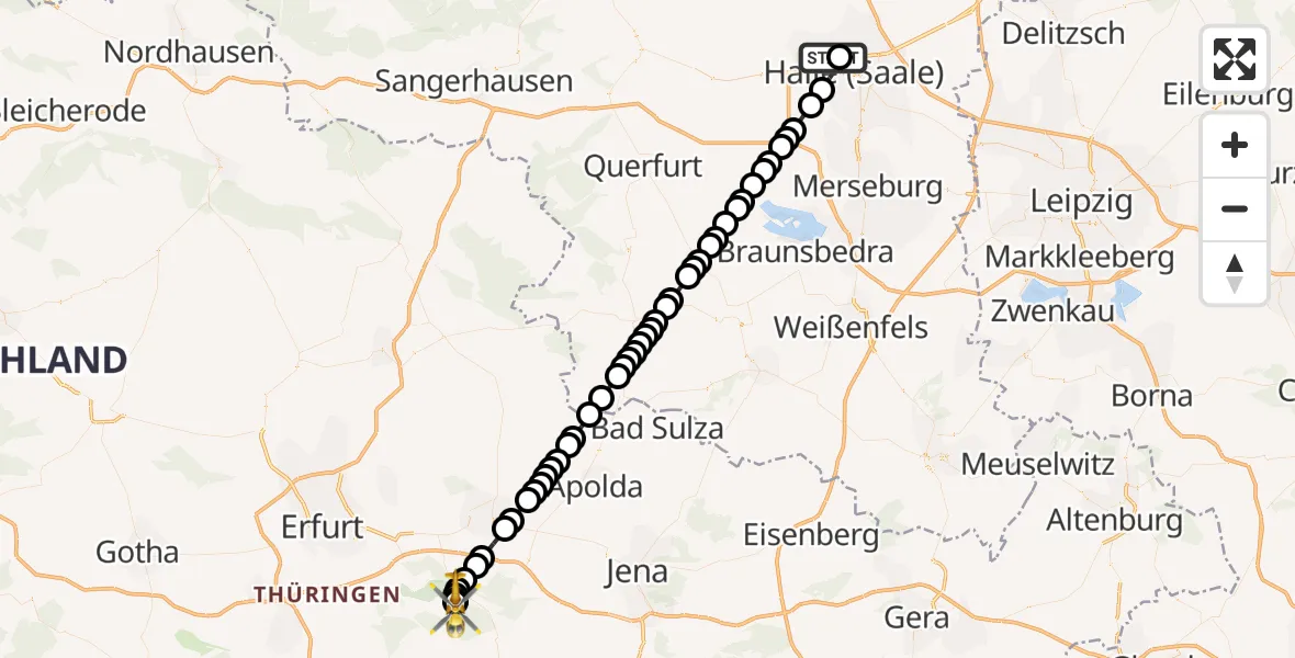 Flugroute Ambulanzhubschrauber Halle (Saale) University Hospital - Bad Berka Central Hospital, 21 März 2026, 02:52