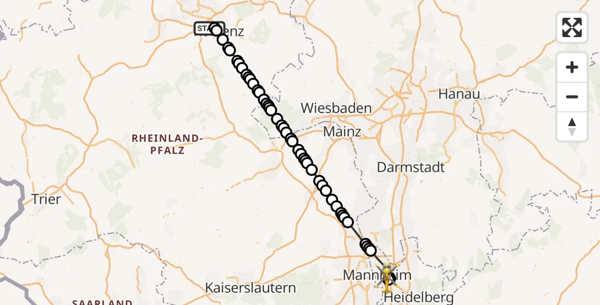 Flugroute Rettungshubschrauber Koblenz - Mannheim-City Flughafen, 21 März 2026, 03:01