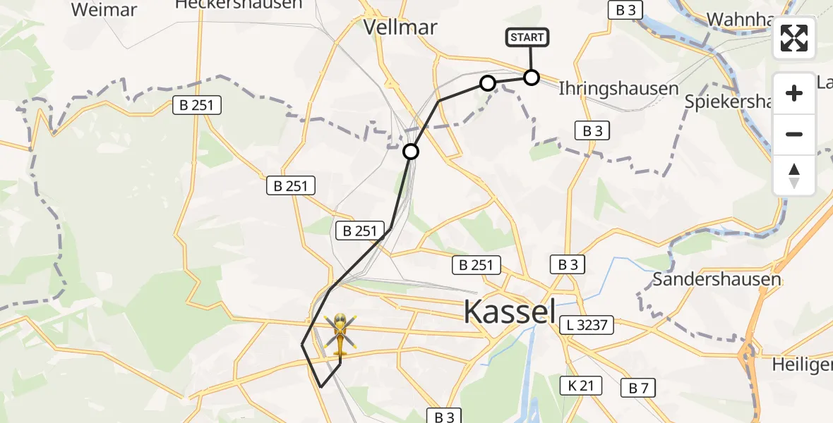 Flugroute Rettungshubschrauber Fuldatal Bundespolizei Hubschrauberlandeplatz - Kassel, 21 März 2026, 06:08