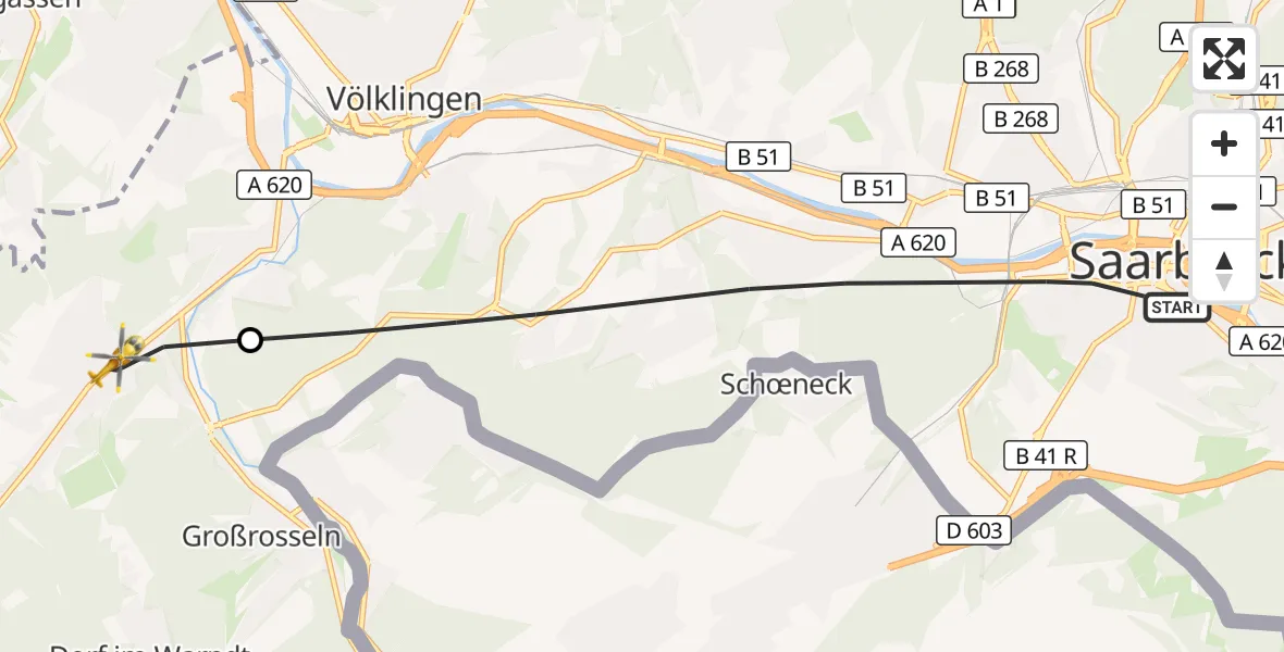 Flugroute Rettungshubschrauber Saarbrücken - Völklingen, 21 März 2026, 07:21